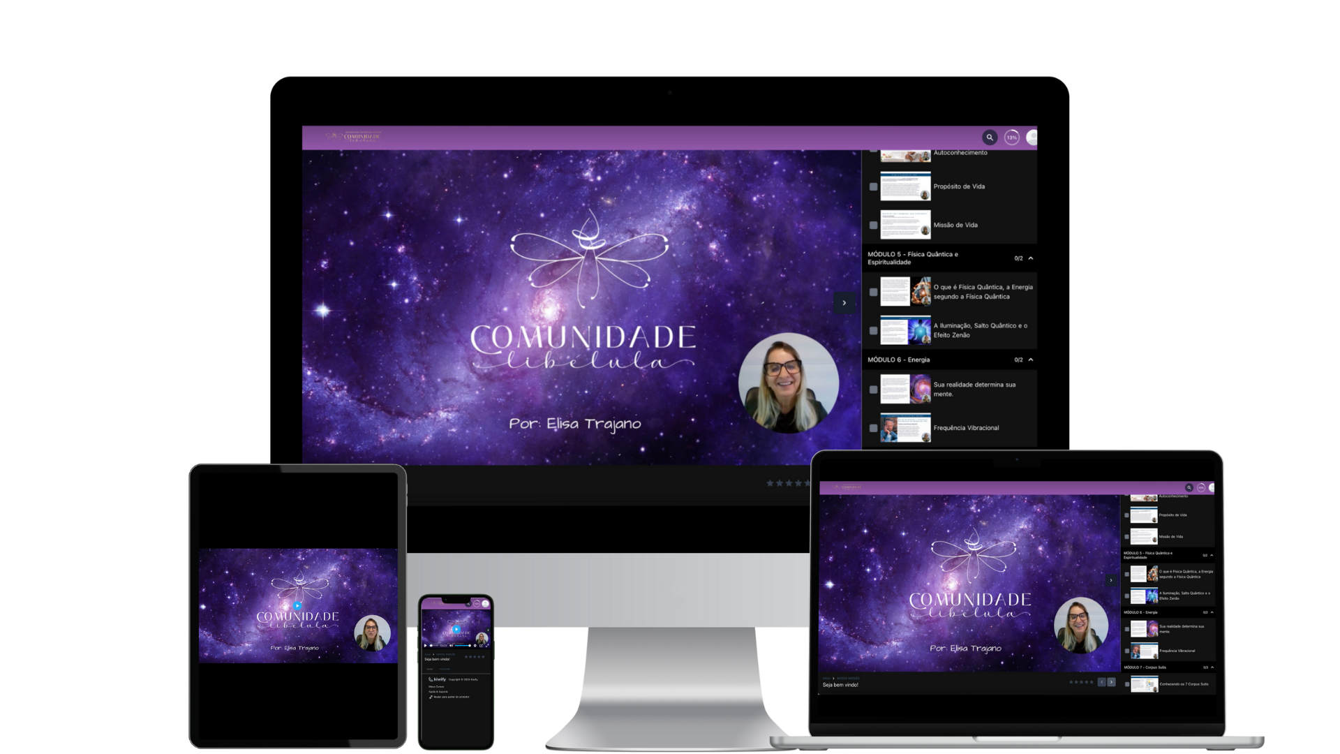 Tela de uma das aulas do curso sendo reproduzida em diversos dispositivos